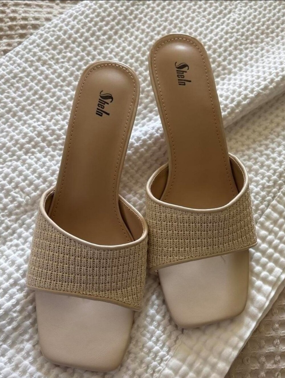 SHEIN Tan Woven-Strap Slide Mules